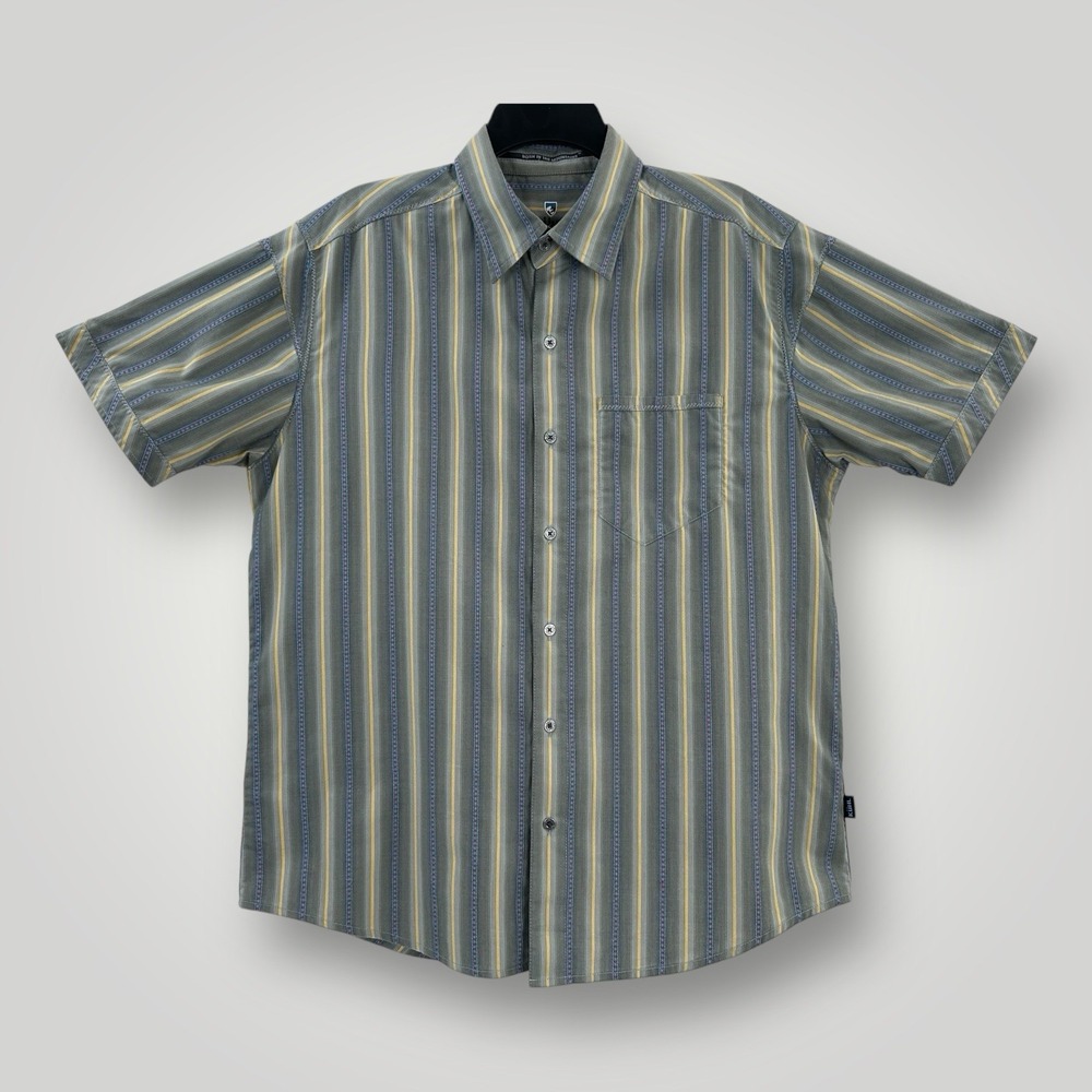 Kuhl Short Sleeve Striped Shirt Mens Size L Green Yellow Stripe Stretch Pocket